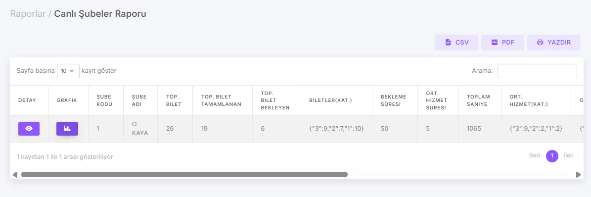 NGQ Manager — Canlı Şube Raporu ekranı