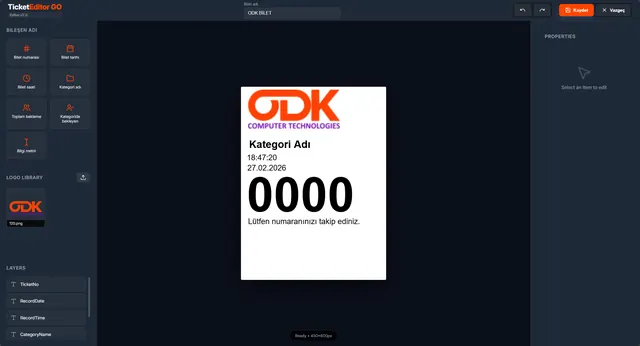 NGQ Server — bilet tasarım editörü (sürükle-bırak şablon)