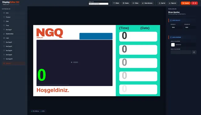 NGQ Server — ekran tasarım editörü: çağrı ekranı yerleşimleri