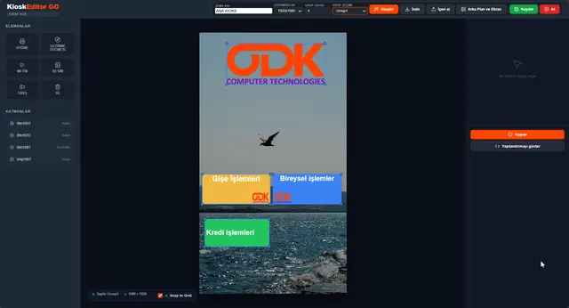 NGQ Server — kiosk şema editörü: dokunmatik ekran akışı